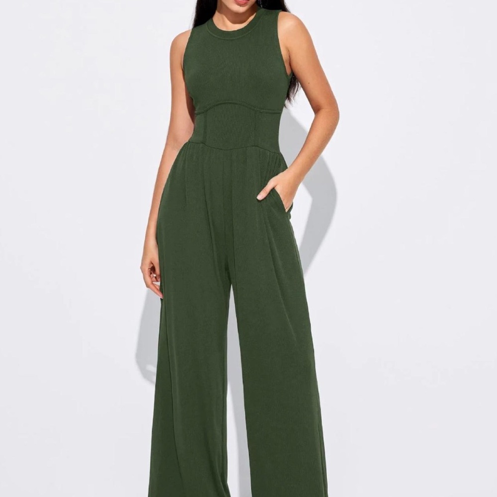 Cider Boutique Sleeveless Ribbed Jump Suit OLIVE GREEN
